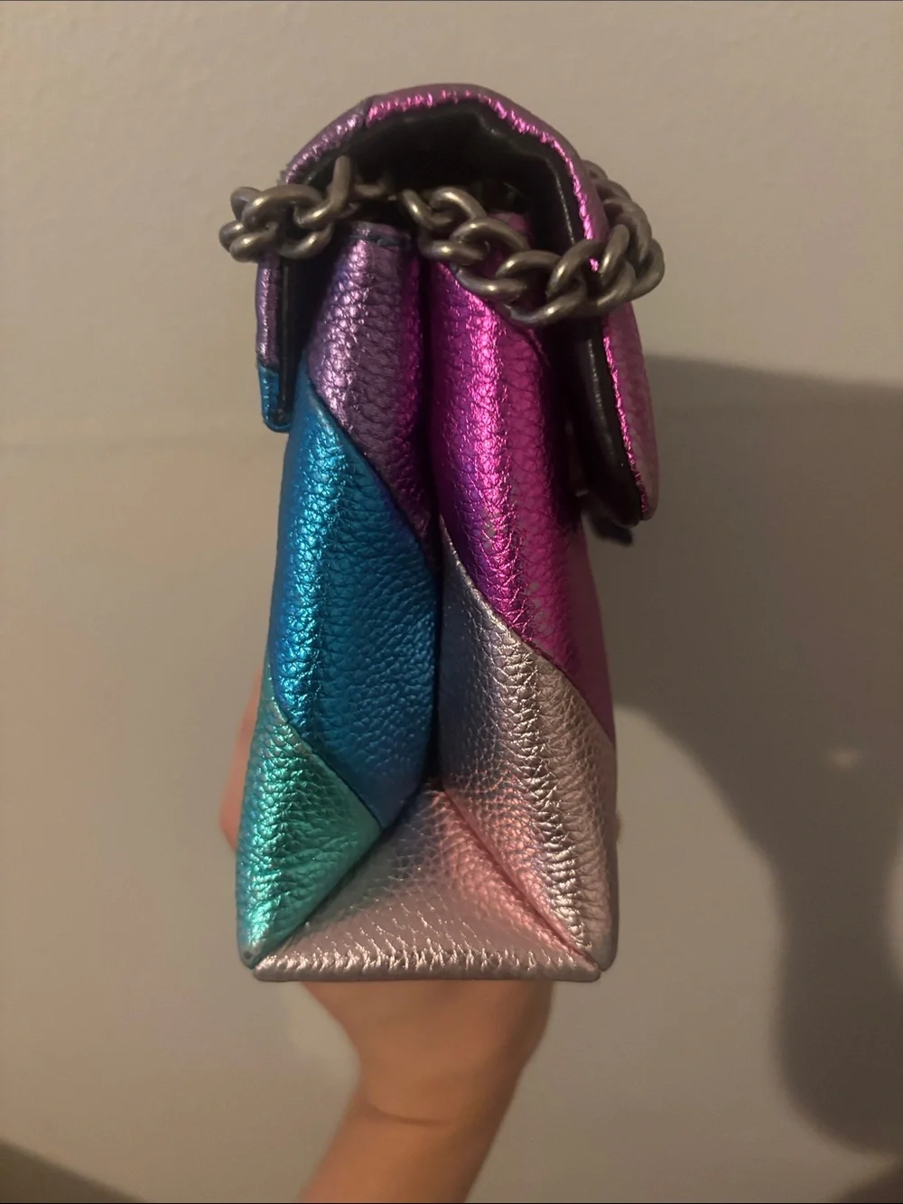 Kurt Geiger Metallic Rainbow Leather Shoulder Bag in Pink, Purple, Blue, Green